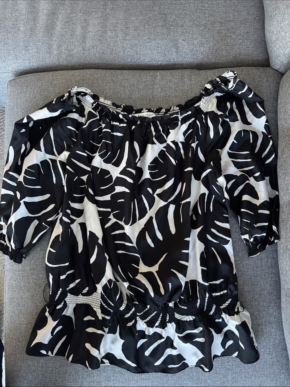 White House Black Market Black and White Leaf-Print Off-Shoulder Blouse